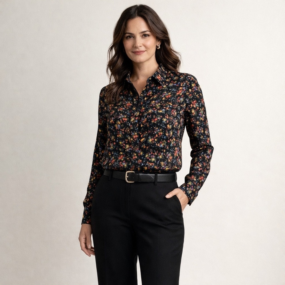 Saint Laurent Paris | Floral Silk Button-Up Blouse Black Multicolor | Sz XS/S